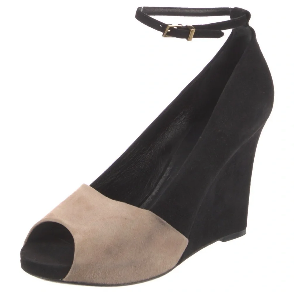 Celine Suede Black Tan Color Block Mary Jane Peep Toe Wedge Pumps Size 39.5